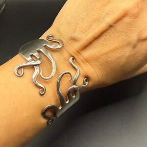 Unique Silver Tone Hinged Swirl Cuff Fork Bracelet